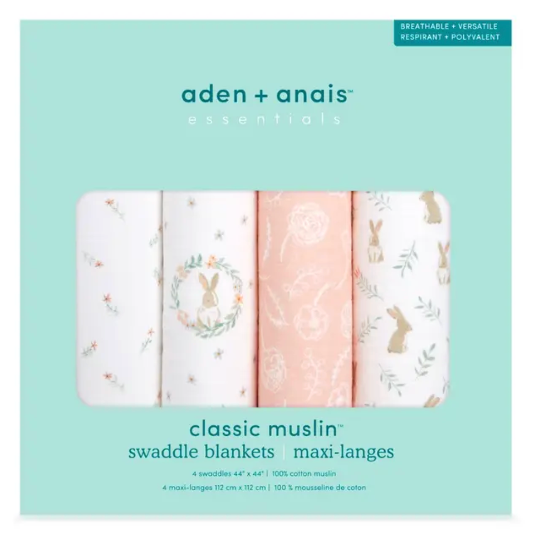 Pack of aden + anais swaddle blankets with bunny design on a light green background. ADEN + ANAIS COTTON BABY SWADDLE 4 PACK - BLUSHING BUNNIES