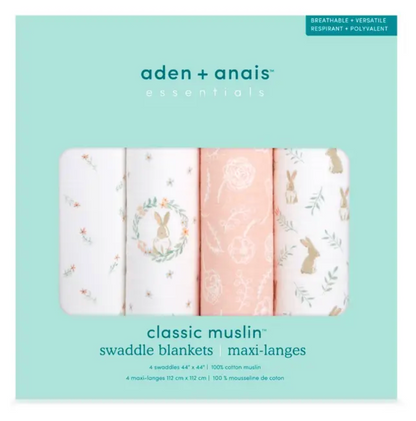 Pack of aden + anais swaddle blankets with bunny design on a light green background. ADEN + ANAIS COTTON BABY SWADDLE 4 PACK - BLUSHING BUNNIES