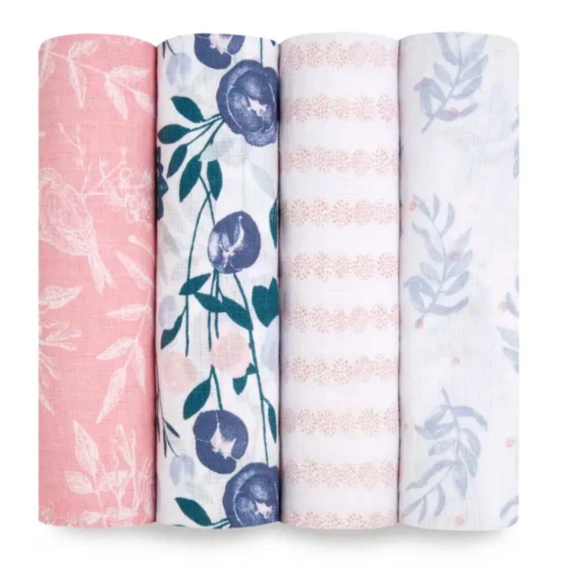 Four fabric swatches with floral and striped patterns. ADEN + ANAIS COTTON BABY SWADDLE 4 PACK - FLOWERS BLOOM