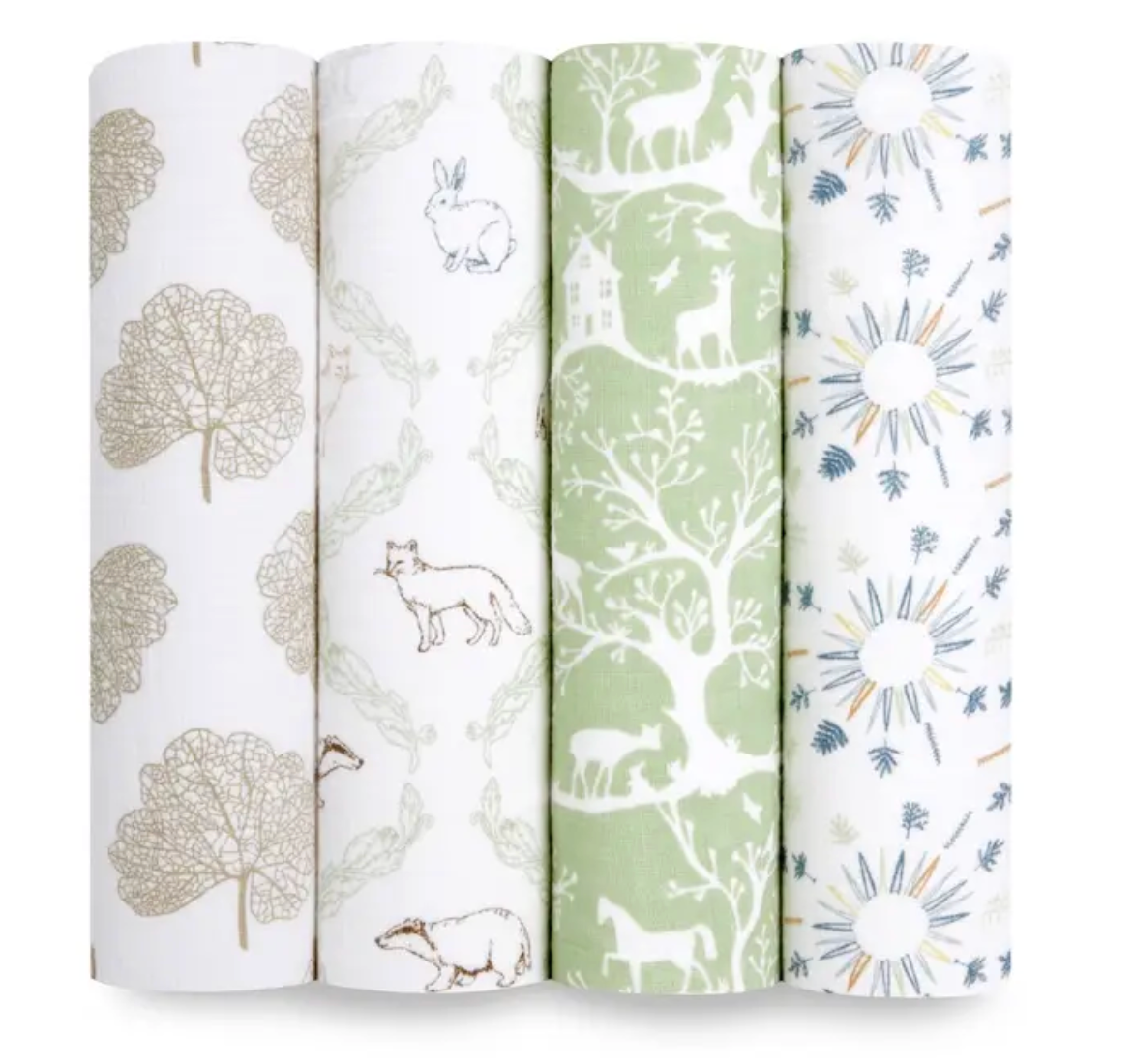 Five rolls of fabric with nature-themed patterns on a white background. ADEN + ANAIS COTTON BABY SWADDLE 4 PACK - HARMONY