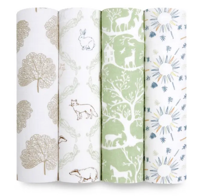 Five rolls of fabric with nature-themed patterns on a white background. ADEN + ANAIS COTTON BABY SWADDLE 4 PACK - HARMONY
