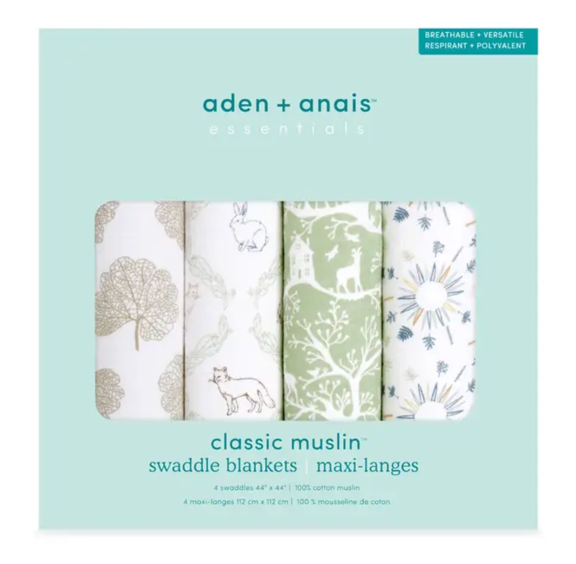  aden + anais classic muslin swaddle blankets packaging on a light blue background. ADEN + ANAIS COTTON BABY SWADDLE 4 PACK - HARMONY
