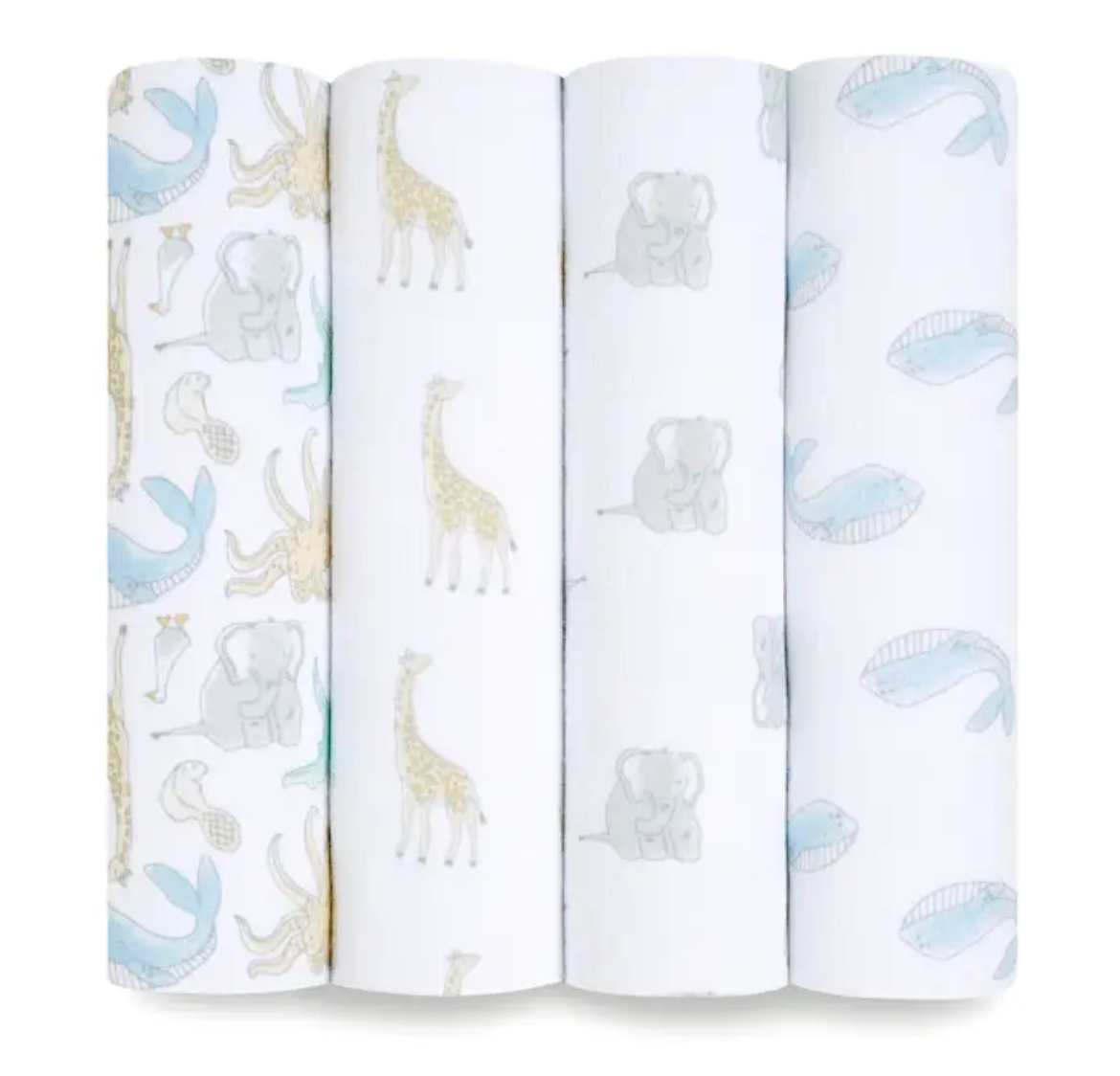 Four baby swaddle blankets with animal patternS. ADEN + ANAIS COTTON BABY SWADDLE 4 PACK - NATURAL HISTORY