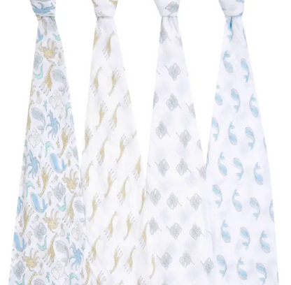 Four baby swaddle blankets with different patterns. ADEN + ANAIS COTTON BABY SWADDLE 4 PACK - NATURAL HISTORY