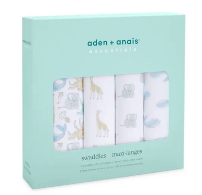  aden + anais swaddles packaging with animal pattern on a light green background. ADEN + ANAIS COTTON BABY SWADDLE 4 PACK - NATURAL HISTORY