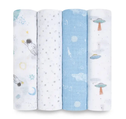 Four baby swaddle blankets with space-themed designs on a white background. ADEN + ANAIS COTTON BABY SWADDLE 4 PACK - SPACE EXPLORERS