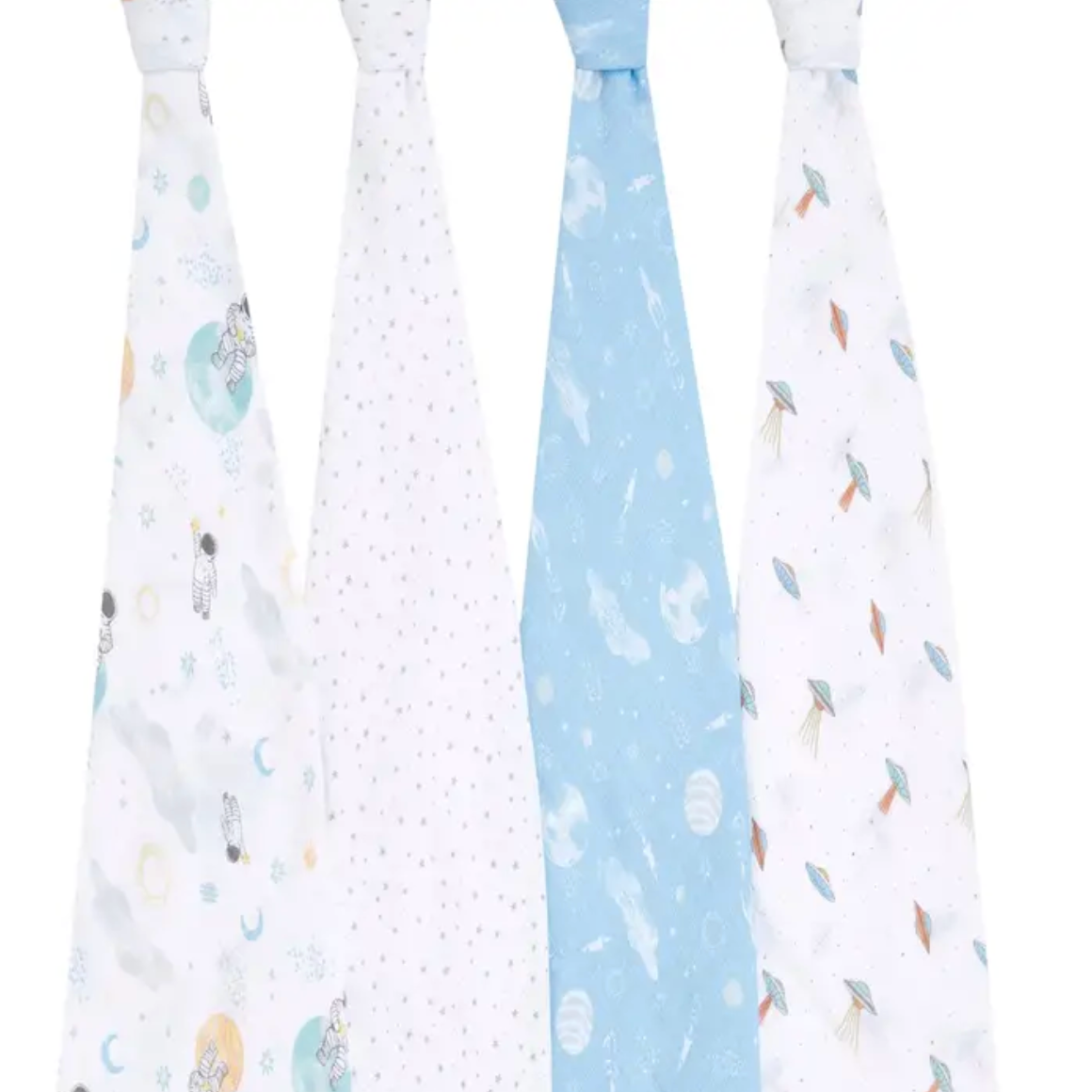Set of four baby swaddle blankets with various patterns. ADEN + ANAIS COTTON BABY SWADDLE 4 PACK - SPACE EXPLORERS