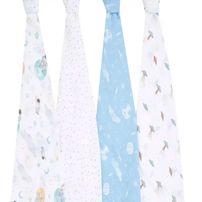 Set of four baby swaddle blankets with various patterns. ADEN + ANAIS COTTON BABY SWADDLE 4 PACK - SPACE EXPLORERS