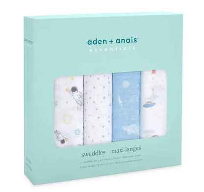 Pack of aden + anais swaddles and maxi-langes with a light blue background ADEN + ANAIS COTTON BABY SWADDLE 4 PACK - SPACE EXPLORERS