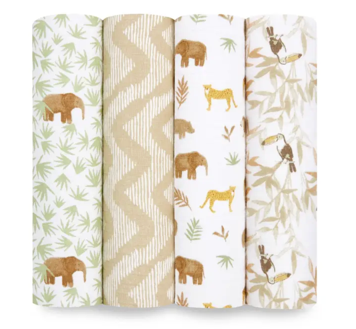 Four fabric swatches with jungle-themed patterns on a white background. ADEN + ANAIS COTTON BABY SWADDLE 4 PACK - TANZANIA