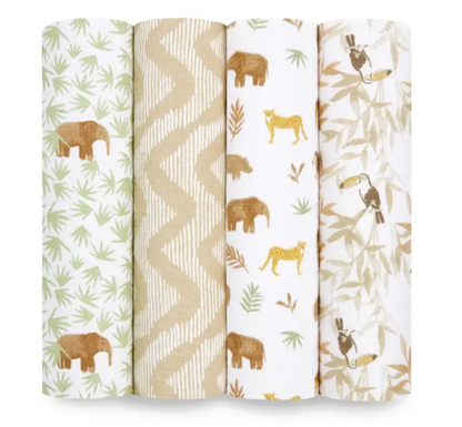 Four fabric swatches with jungle-themed patterns on a white background. ADEN + ANAIS COTTON BABY SWADDLE 4 PACK - TANZANIA