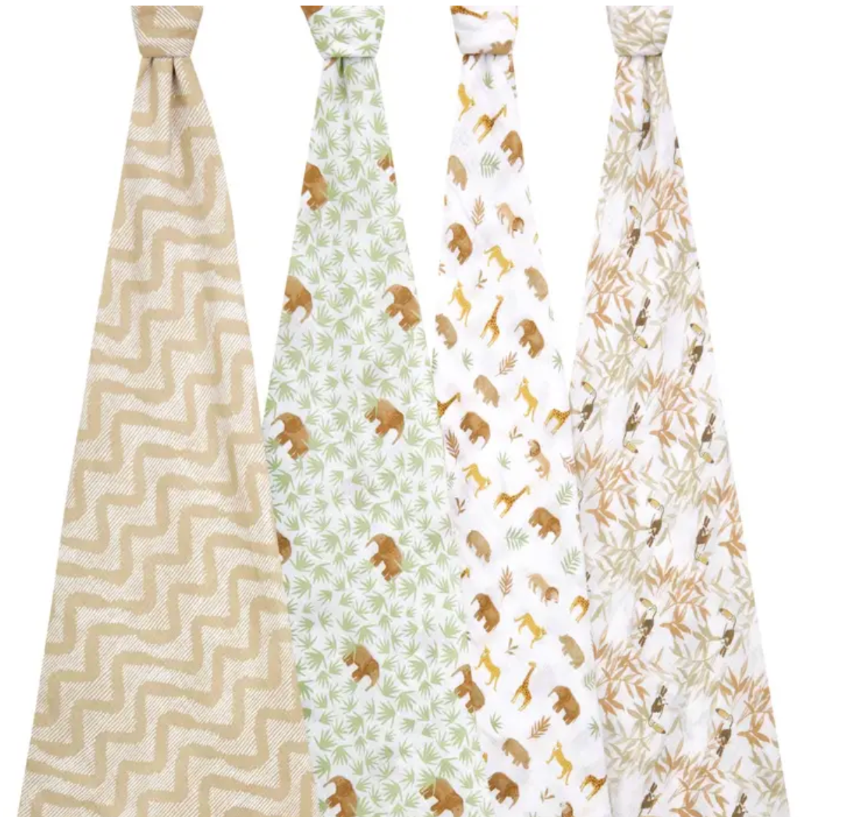 Four fabric swatches with different patterns on a white background. ADEN + ANAIS COTTON BABY SWADDLE 4 PACK - TANZANIA