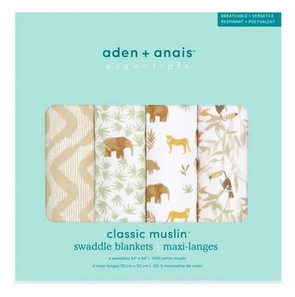Pack of aden + anais swaddle blankets with animal prints on a light blue background. ADEN + ANAIS COTTON BABY SWADDLE 4 PACK - TANZANIA