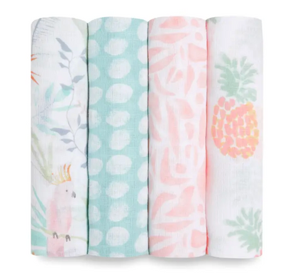 Four swaddle blankets with tropical designs. ADEN + ANAIS COTTON BABY SWADDLE 4 PACK - TROPICALIA