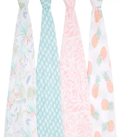 Four swaddle blankets with different patterns. ADEN + ANAIS COTTON BABY SWADDLE 4 PACK - TROPICALIA