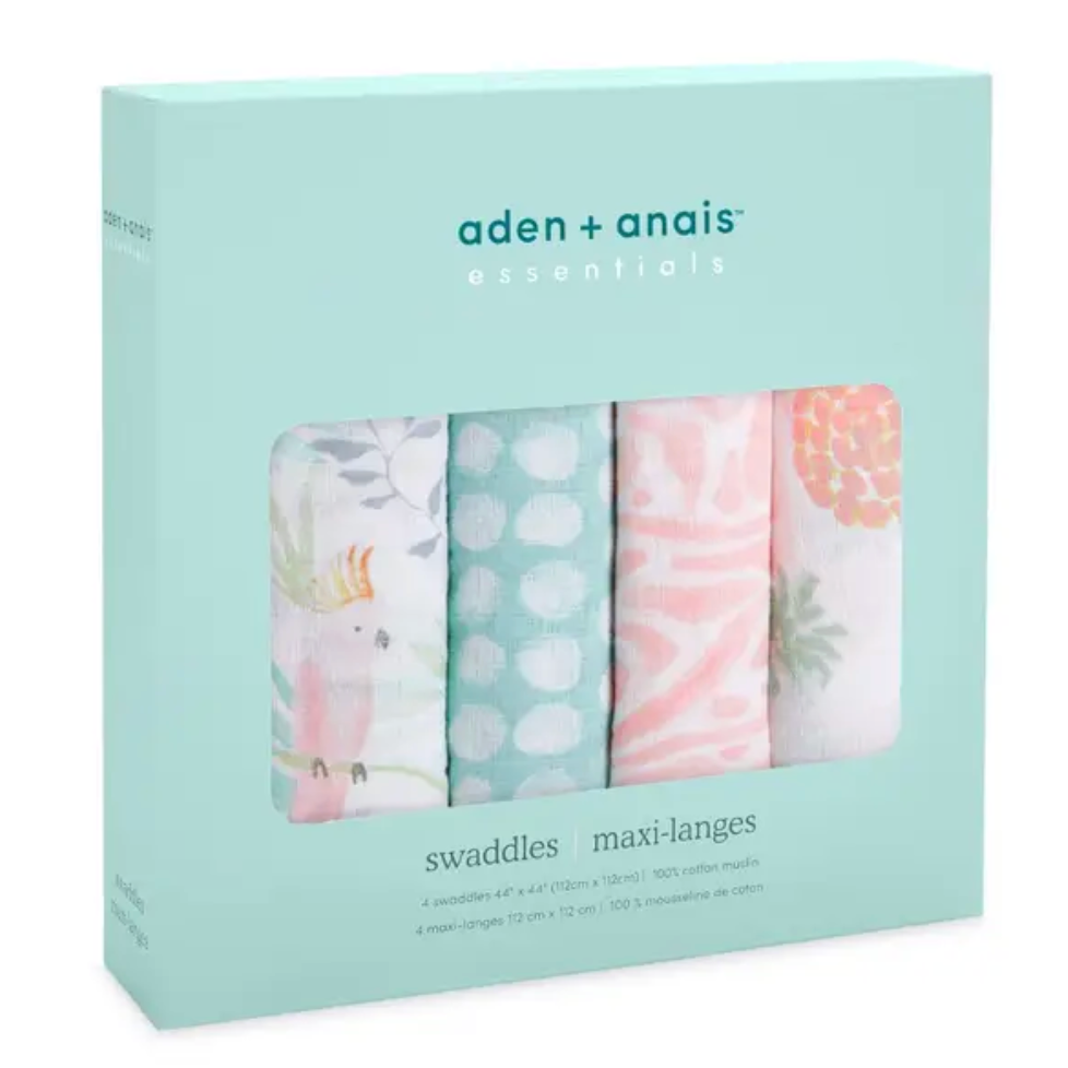 Box of aden + anais swaddles with floral patterns on a light blue background. ADEN + ANAIS COTTON BABY SWADDLE 4 PACK - TROPICALIA