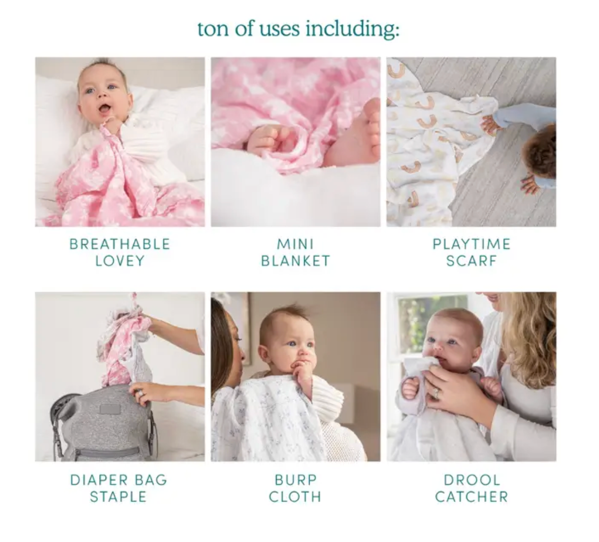 Baby products including a breathable lovey, mini blanket, playtime scarf, diaper bag staple, burp cloth, and drool catcher with text indicating various uses. ADEN + ANAIS COTTON BABY SWADDLE 4 PACK - TROPICALIA