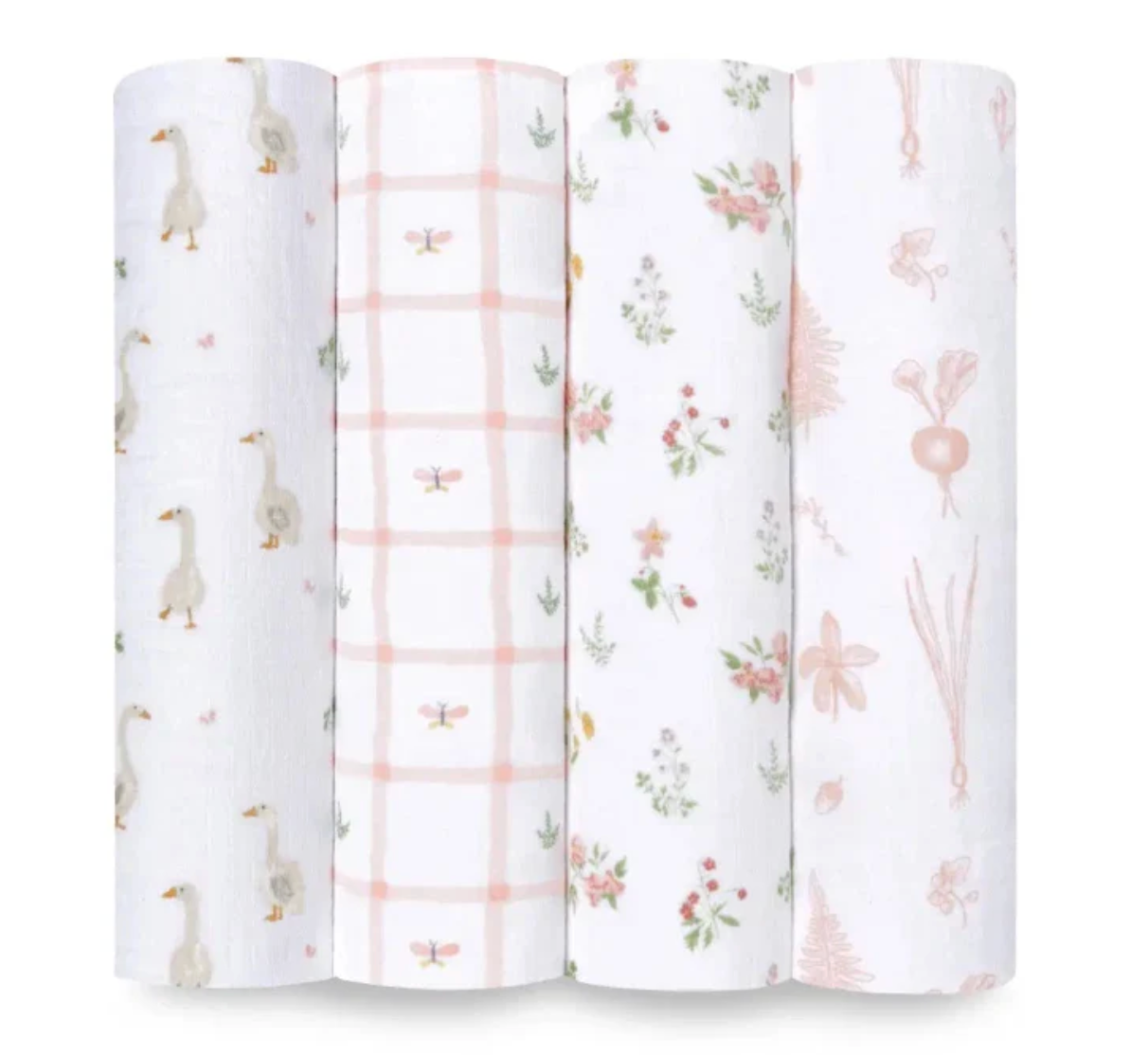 Four rolls of fabric with different patterns on a white background. ADEN + ANAIS COTTON SWADDLE 4 PACK - COUNTRY FLORAL