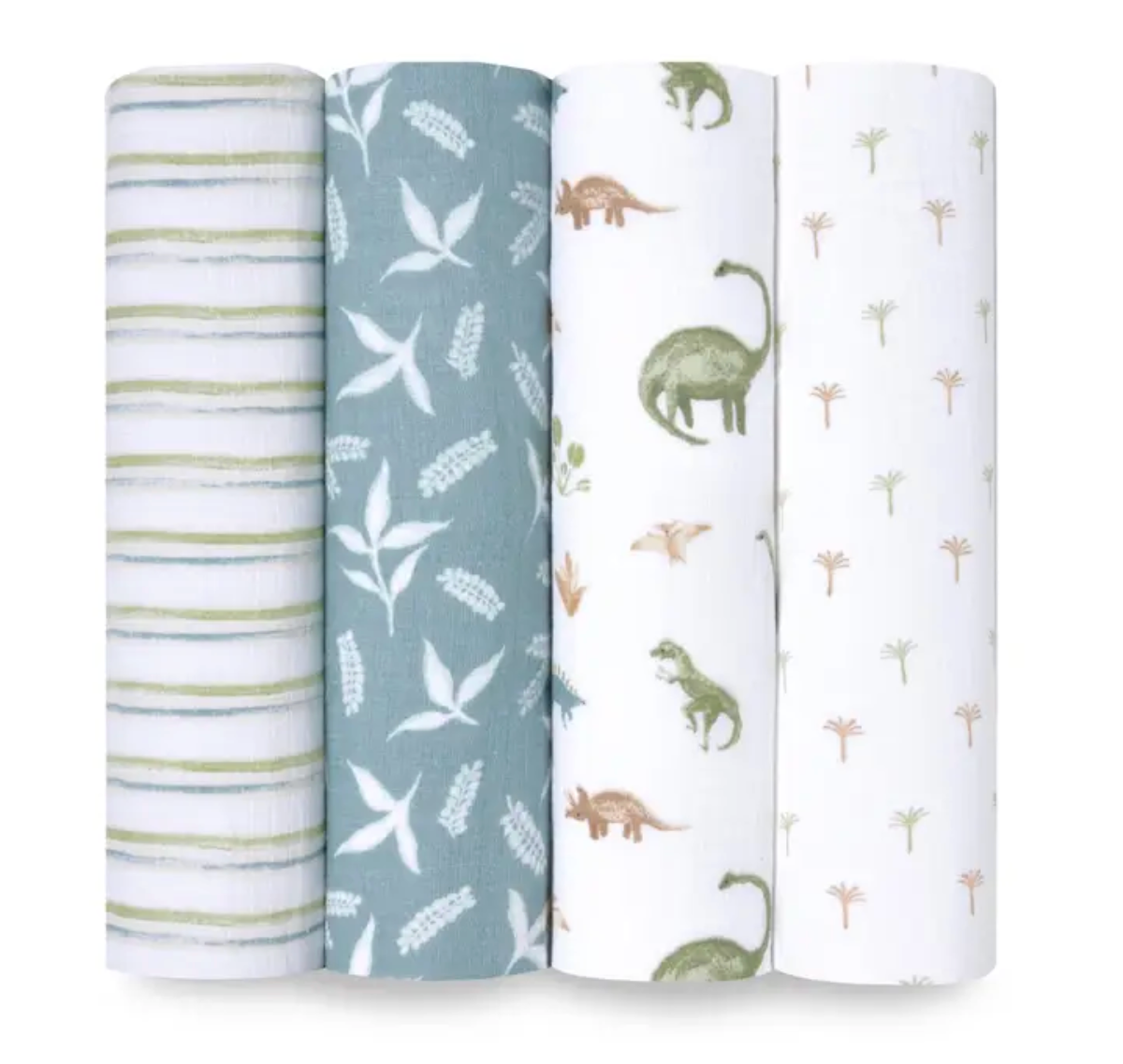 Four fabric SWADDLES with different patterns on a white background. ADEN + ANAIS COTTON SWADDLE 4 PACK - DINO JUNGLE