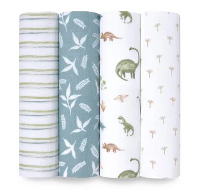 Four fabric SWADDLES with different patterns on a white background. ADEN + ANAIS COTTON SWADDLE 4 PACK - DINO JUNGLE