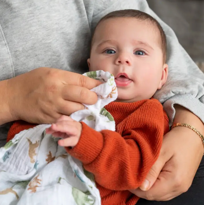 Baby in an orange sweater held by a person, wrapped in a white blanket with patterns. ADEN + ANAIS COTTON SWADDLE 4 PACK - DINO JUNGLE