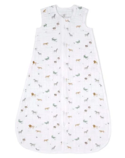 Baby sleeping bag with SAFARI pattern on a white background. AIDEN + ANAIS ORGANIC COTTON BABY SLEEPING BAG 1.0 TOG - SAFARI DREAMS