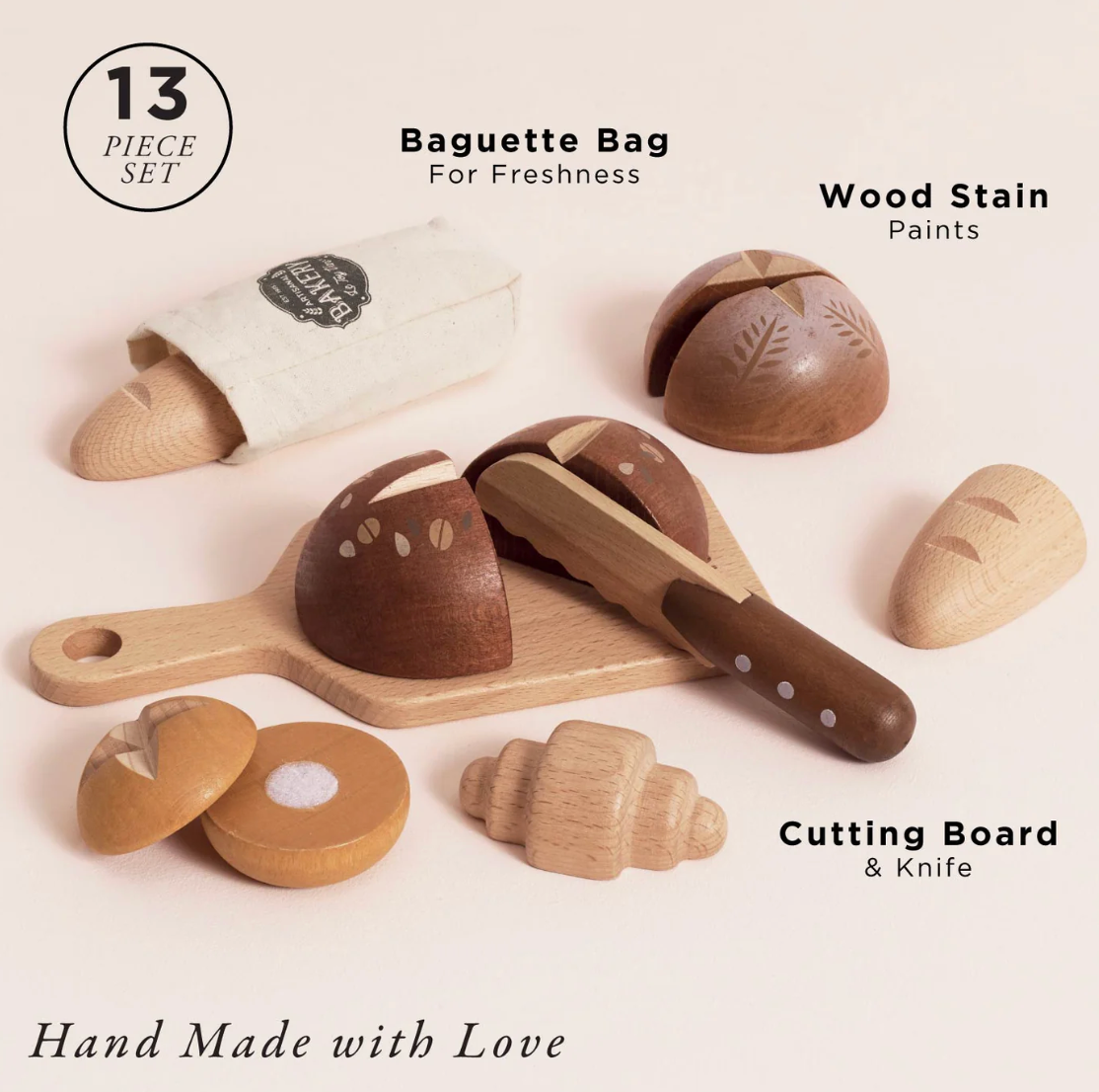 Wooden toy set including a baguette, knife, and cutting board on a light background. ARTISAN BREAD AND KNIFE SET WOODEN TOY | LE TOY VAN