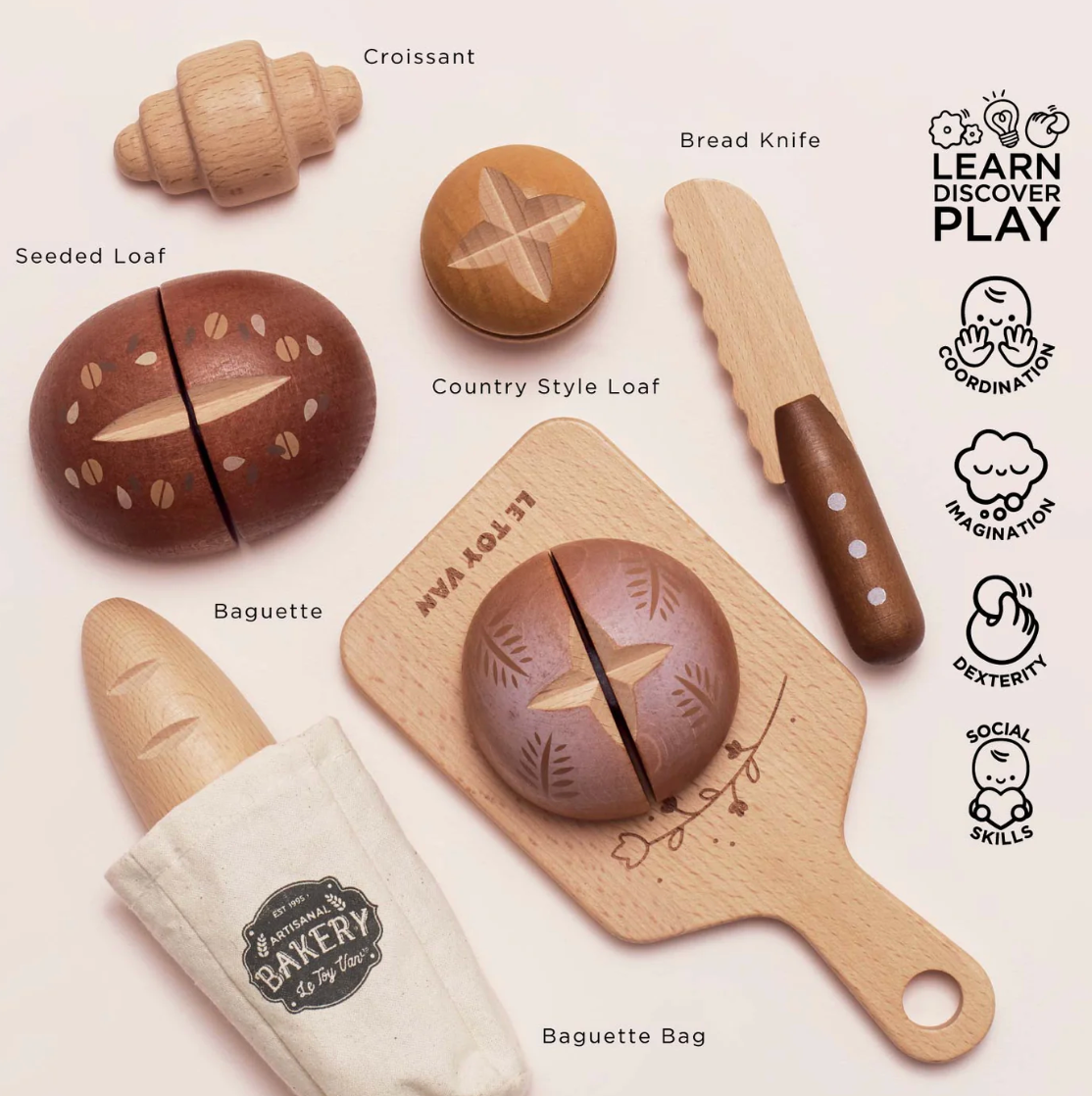 Wooden toy bakery set with various bread shapes and a knife on a light background. ARTISAN BREAD AND KNIFE SET WOODEN TOY | LE TOY VAN