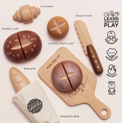 Wooden toy bakery set with various bread shapes and a knife on a light background. ARTISAN BREAD AND KNIFE SET WOODEN TOY | LE TOY VAN