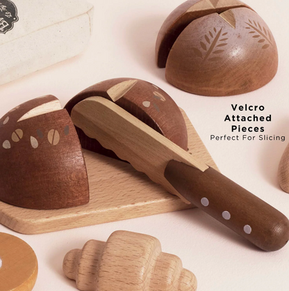 Wooden toy set with brown and beige pieces on a light background ARTISAN BREAD AND KNIFE SET WOODEN TOY | LE TOY VAN