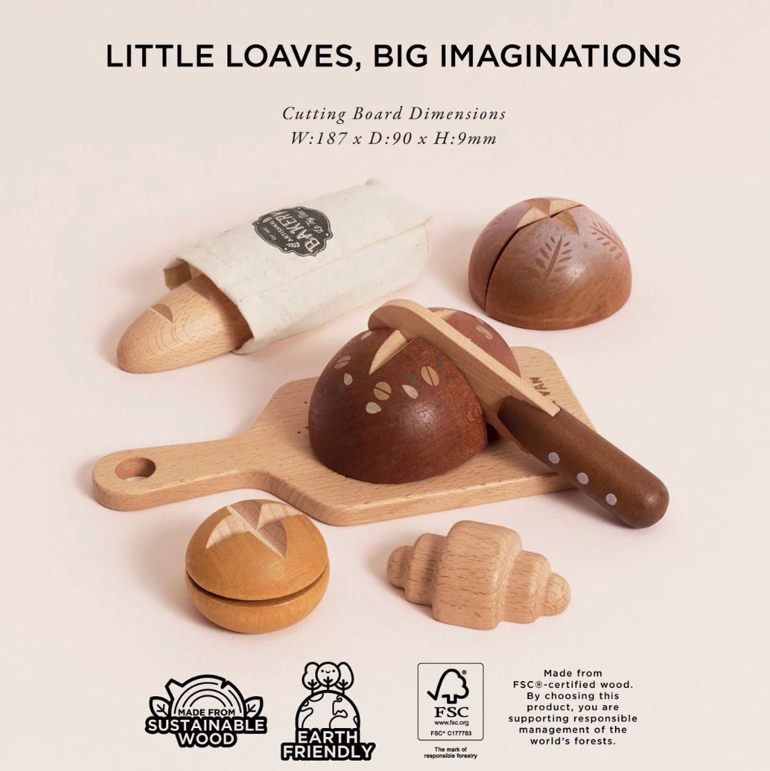 Wooden toy set with bread pieces and a cutting board on a light beige background, featuring 'Little Loaves, Big Imaginations' branding. ARTISAN BREAD AND KNIFE SET WOODEN TOY | LE TOY VAN