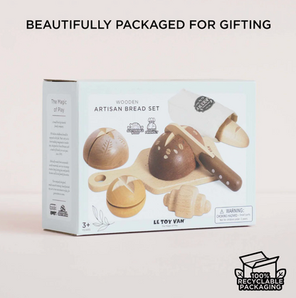 Wooden artisan bread set packaging with branding and recycling information. ARTISAN BREAD AND KNIFE SET WOODEN TOY | LE TOY VAN