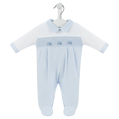 DANDELION LITTLE TRACTOR SMOCKED SLEEPSUIT - 100% COTTON, 0-12 MONTHS, 3 COLOURS