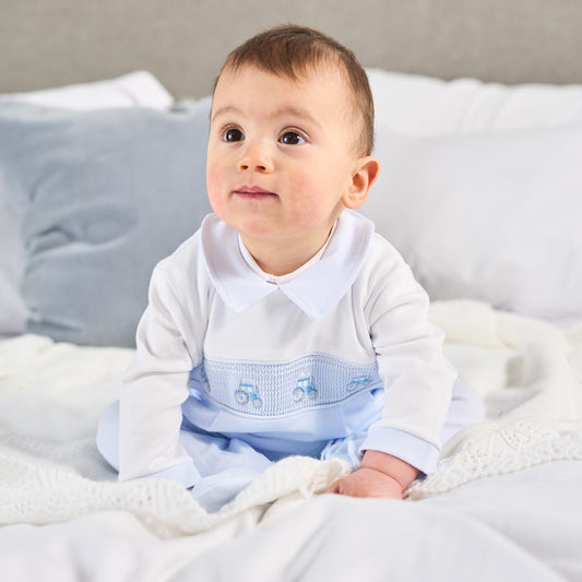 LITTLE TRACTOR SMOCKED COTTON BABY SLEEPSUIT - BLUE |DANDELION