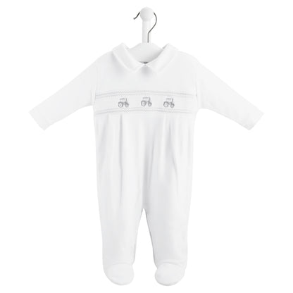 DANDELION LITTLE TRACTOR SMOCKED SLEEPSUIT - 100% COTTON, 0-12 MONTHS, 3 COLOURS