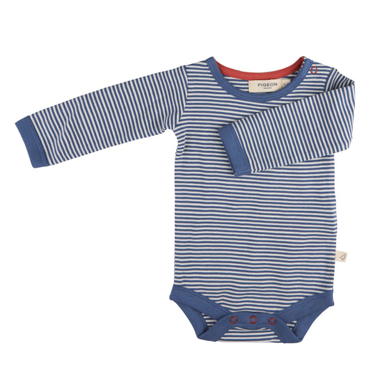ORGANIC COTTON FINE BLUE STRIPE BODY SUIT - 0–12 MONTHS