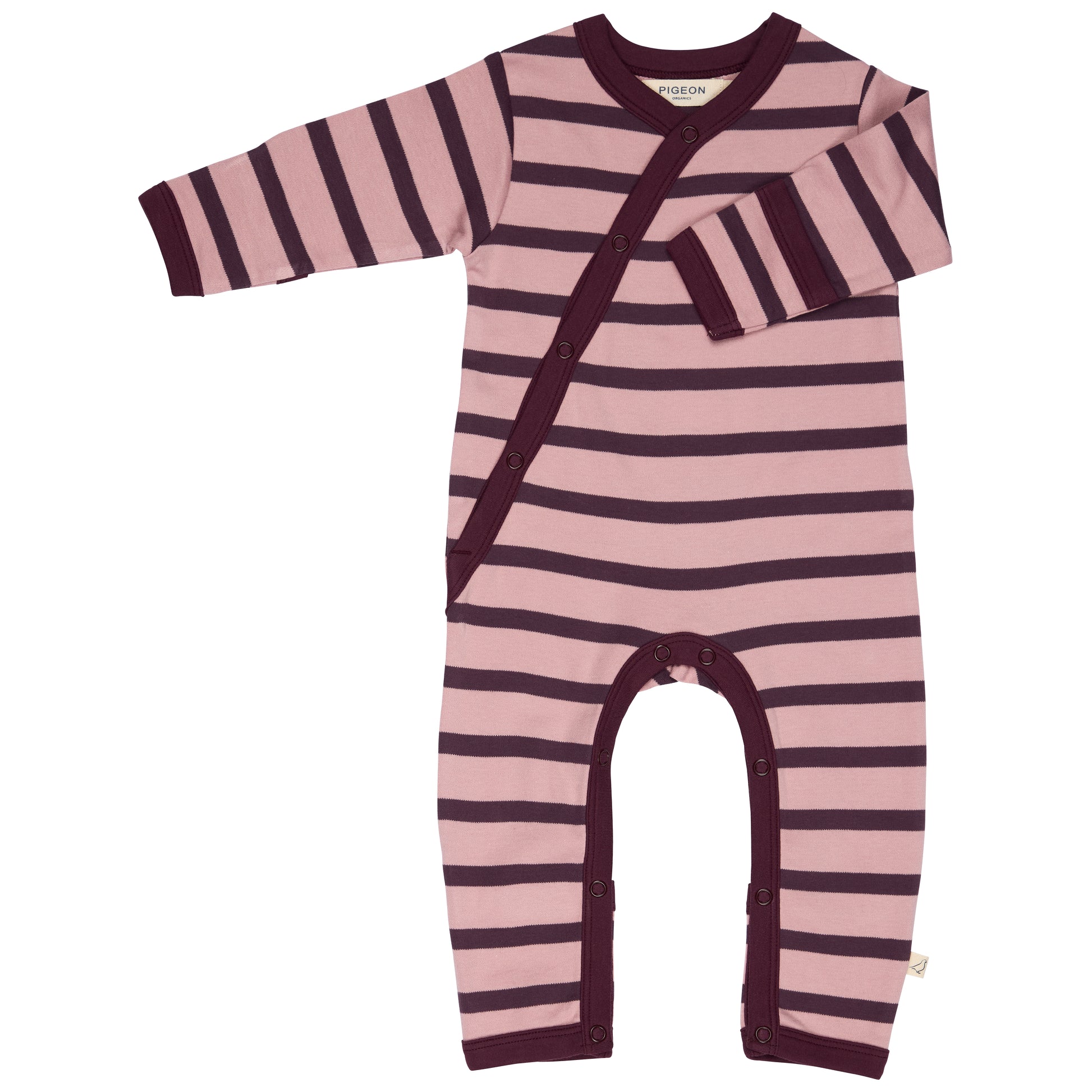 A baby long-sleeve footless one-piece sleeper with horizontal dusty pink and dark burgundy stripes, featuring a diagonal snap closure and ribbed trim.