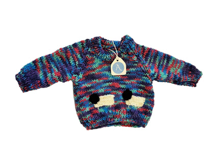 PURPLE & GREEN COLOUR JUMBLE JUMPER WITH SHEEP- 6-9 MONTHS