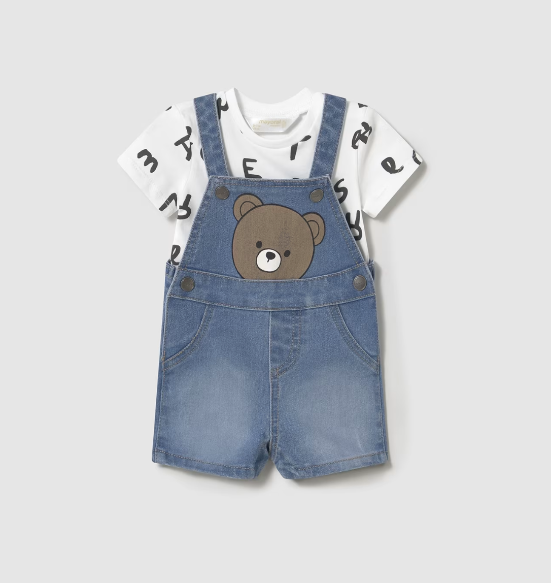 Children's outfit with blue denim overalls and white shirt with black letters on a light gray background BABY BOYS TEDDY DUNGAREE & T-SHIRT SET | MAYORAL