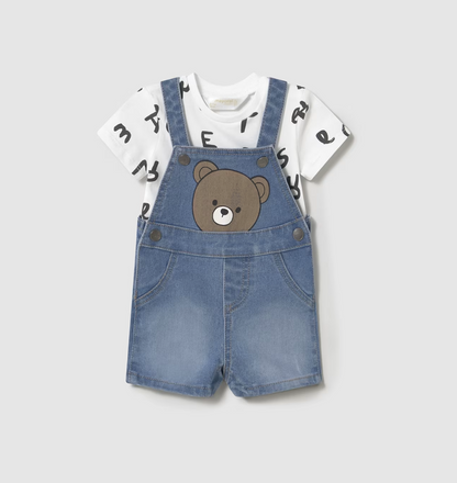 Children's outfit with blue denim overalls and white shirt with black letters on a light gray background BABY BOYS TEDDY DUNGAREE & T-SHIRT SET | MAYORAL