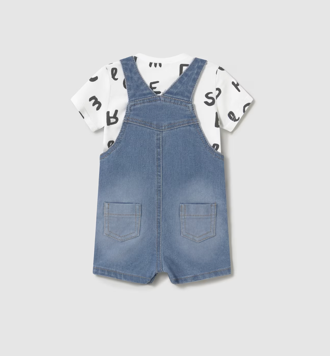 Children's denim overall with white shirt featuring black text on a light gray background BABY BOYS TEDDY DUNGAREE & T-SHIRT SET | MAYORAL