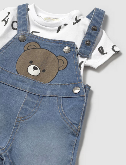 Children's denim overalls with bear face design on a white background BABY BOYS TEDDY DUNGAREE & T-SHIRT SET | MAYORAL