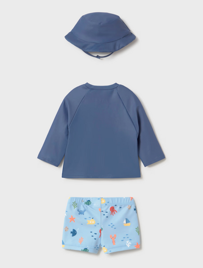 Children's blue long-sleeve rash guard, blue bucket hat, and blue swim shorts with sea creature pattern. BABY BOY BLUE SWIM BEACH SET - SUN PROOF TOP, SHORTS AND HAT | MAYORAL