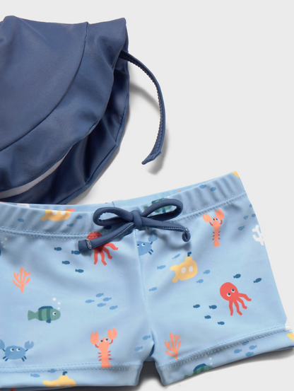 Children's swim shorts with sea creature pattern and matching hat. BABY BOY BLUE SWIM BEACH SET - SUN PROOF TOP, SHORTS AND HAT | MAYORAL