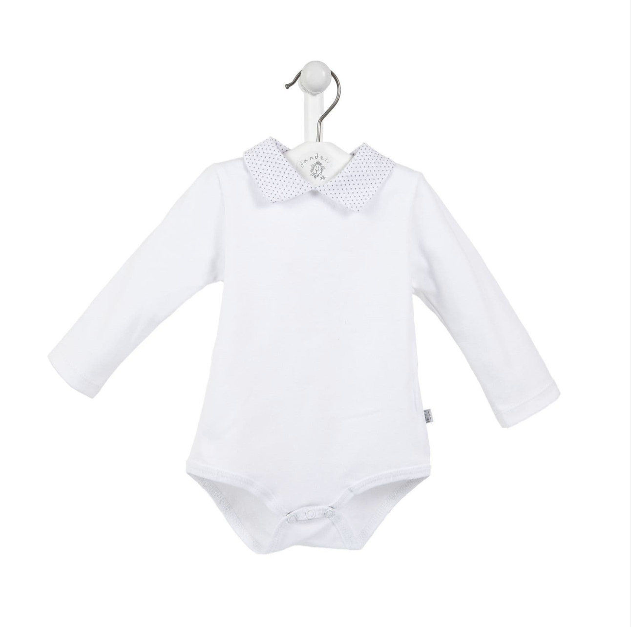 White baby bodysuit with long sleeves on a hanger. BABY COTTON BODY VEST - GREY DOT COLLAR | DANDELION