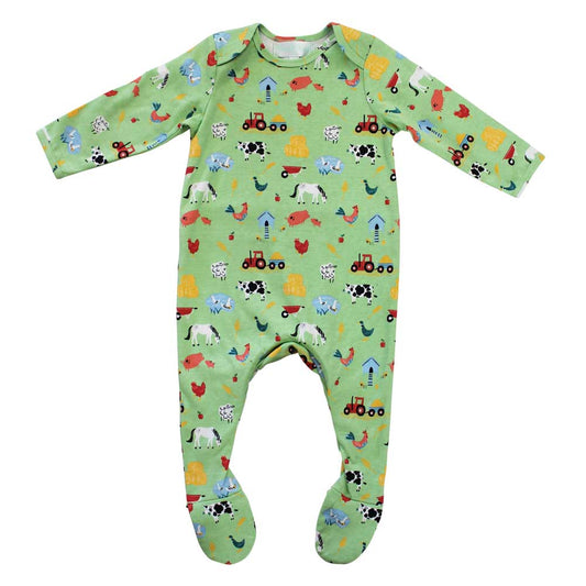 Green baby onesie with farm animal patterns. BABY COTTON FARMYARD PRINT SLEEPSUIT WITH FEET | POWELL CRAFT