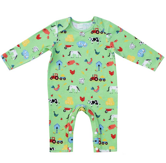 Green baby romper with farm animal pattern. BABY COTTON FOOTLESS FARMYARD SLEEPSUIT WITH POPPERS | POWELL CRAFT 