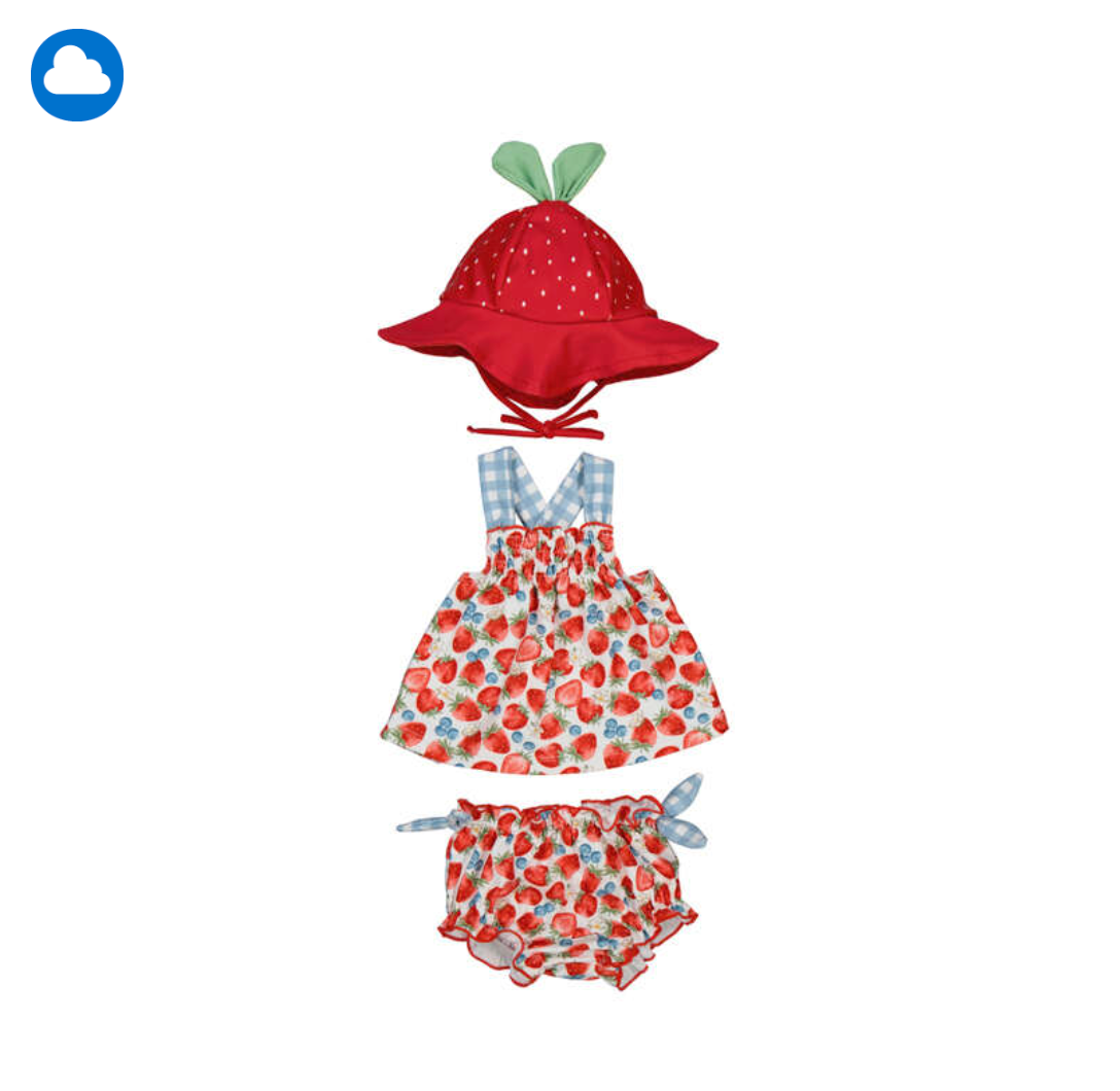Mayoral girls Children's strawberry-themed swim beach outfit with top, hat, and bloomers