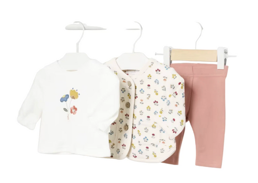 Mayoral  girls outfit with floral quilted jacket, floral long sleeve top and blush coloured leggings. BABY GIRL 3 PIECE OUTFIT WITH QUILTED JACKET FLORAL SET | MAYORAL