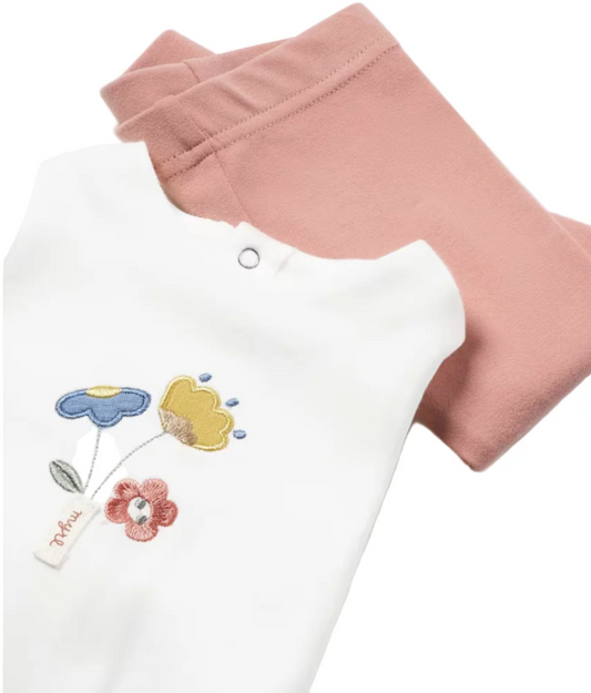 Mayoral  girls outfit floral long sleeve top and blush coloured leggings. BABY GIRL 3 PIECE OUTFIT WITH QUILTED JACKET FLORAL SET | MAYORAL